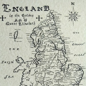 May include: A vintage map of England during the reign of Queen Elizabeth I. The map shows the counties of England, including their borders and major cities. The map is in black and white and has a detailed, hand-drawn style.