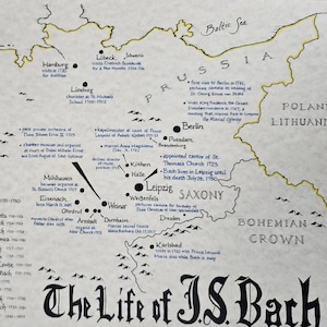 May include: A hand-drawn map titled "The Life of J.S. Bach" with a detailed depiction of locations and dates. The map includes the Holy Roman Empire borders, the North Sea, and the Baltic Sea, with text in black ink.