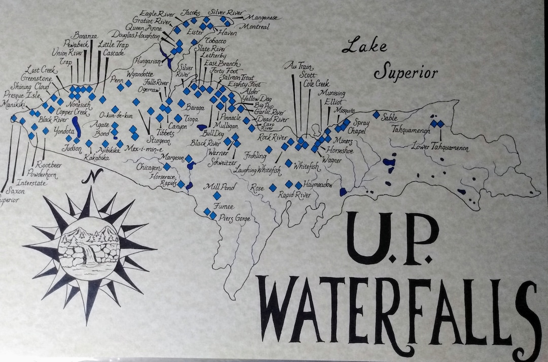 Upper Peninsula Waterfalls Map - Etsy