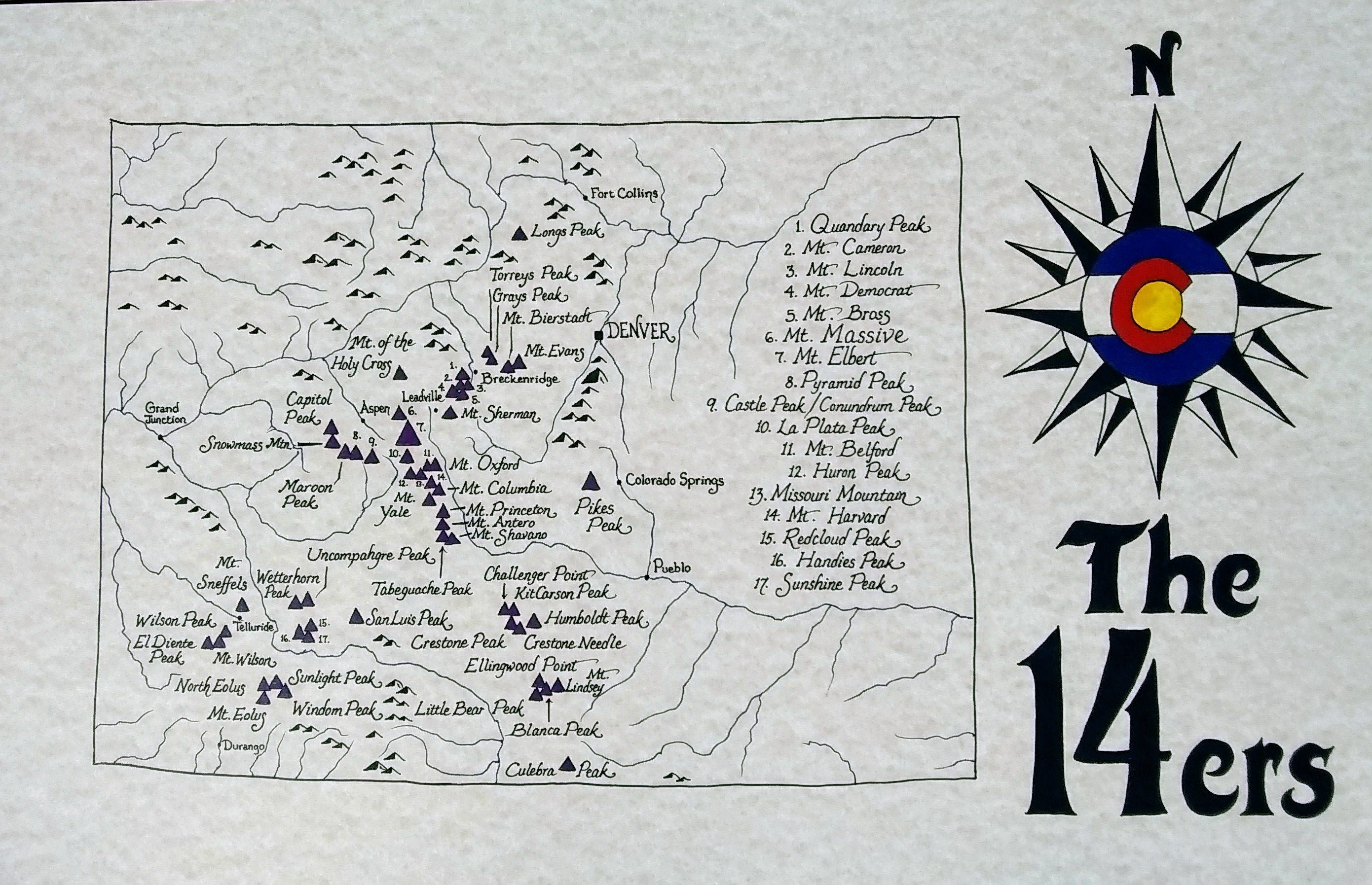 Colorado 14ers Hand Drawn Map Etsy