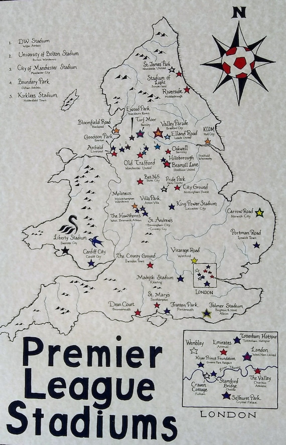 Premier League Stadiums Map Etsy Canada
