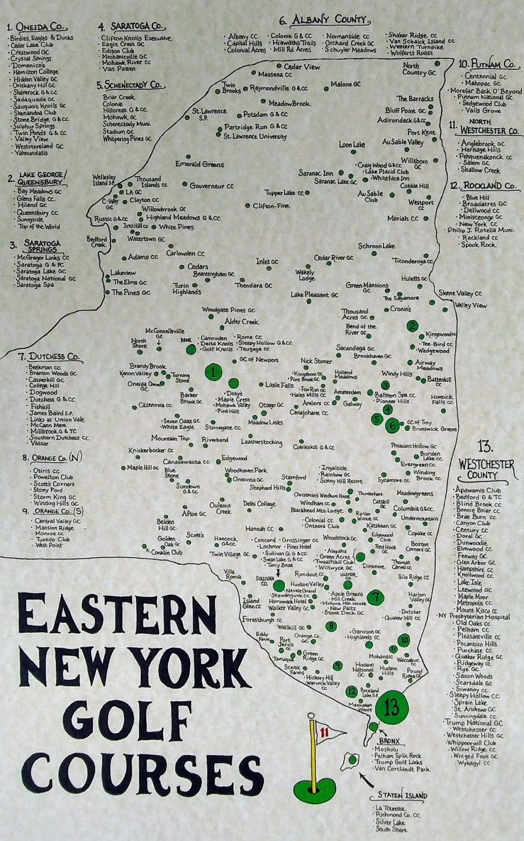 New York Golf Courses Map east Etsy