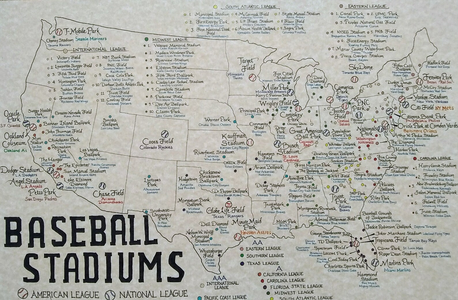 Baseball Stadiums map U.S. Etsy