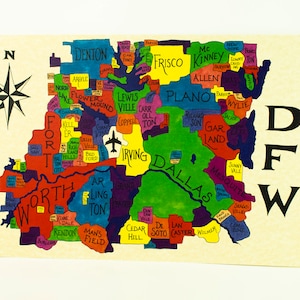 May include: A colorful map of the Dallas-Fort Worth metroplex, showing the different cities and towns that make up the area. The map is drawn in a cartoon style, with each city represented by a different color. The map is labeled "DFW" in large black letters.
