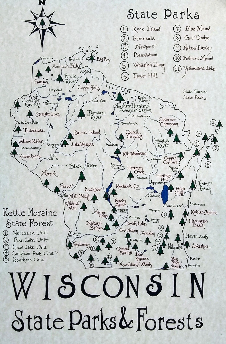 Wisconsin state parks map etsy