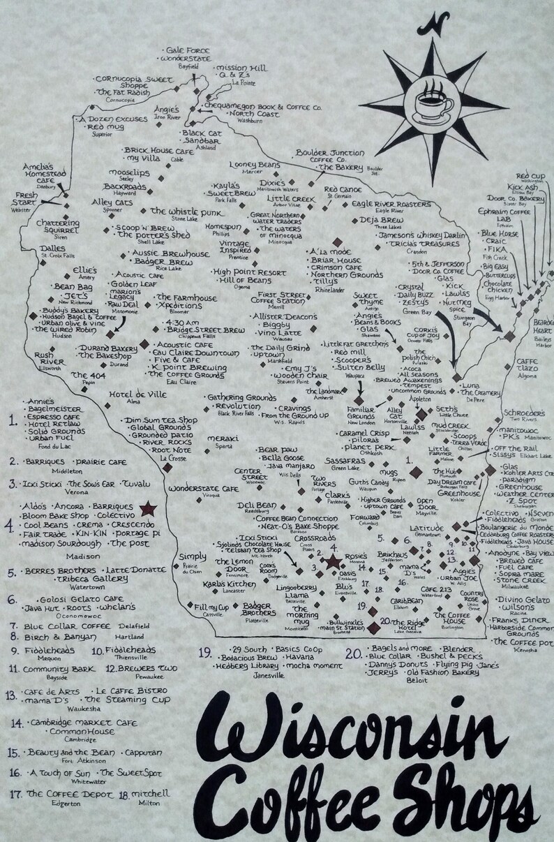 Wisconsin Coffee Shops Map Etsy