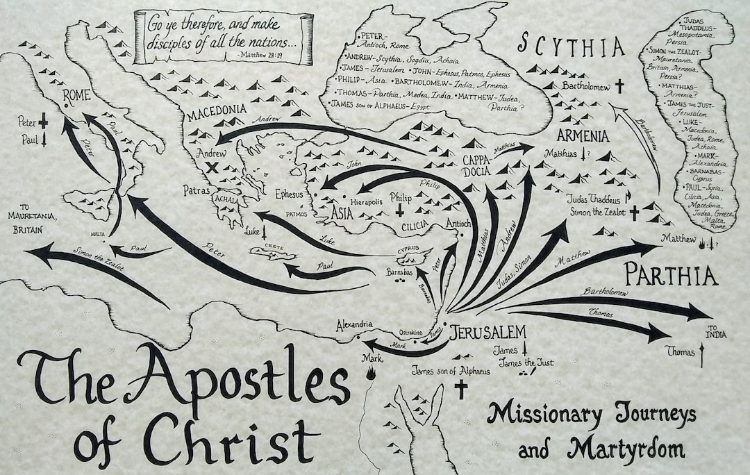Apostles of christ hand drawn map etsy