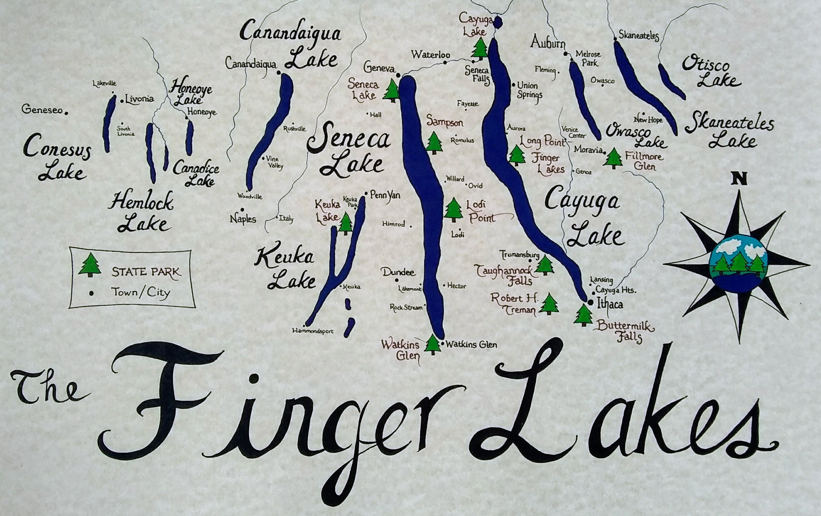 Finger Lakes NY Hand Drawn Map Etsy Ireland