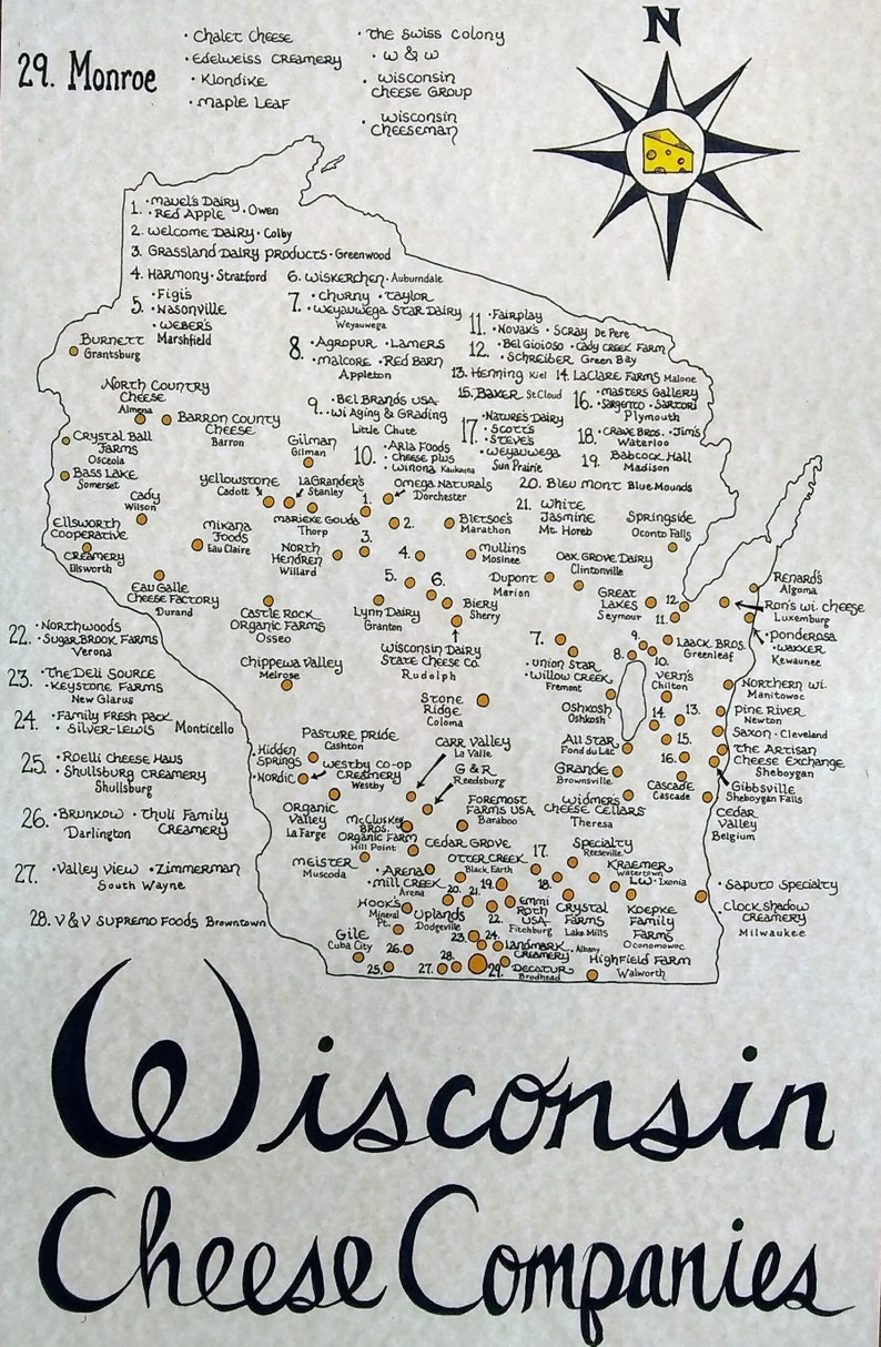 Wisconsin Cheese Companies Map Etsy