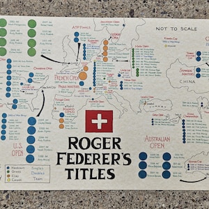 May include: A hand-drawn map titled "Roger Federer's Titles" with tournament locations marked across the globe. The map highlights Federer's wins at Wimbledon, the US Open, and the Australian Open, among others. The key indicates hardcourt, grass, clay, and carpet surfaces.