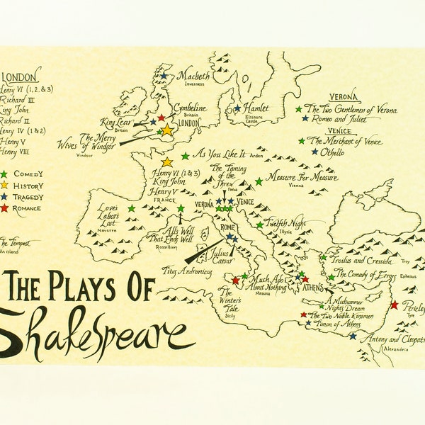 Shakespeare plays hand drawn map