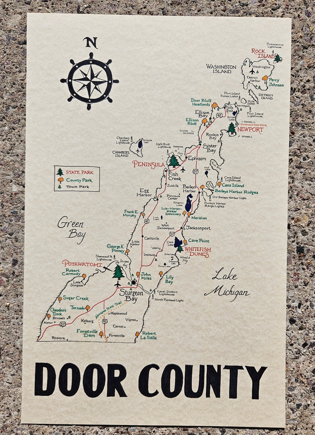 Door County Map 11x17 Etsy