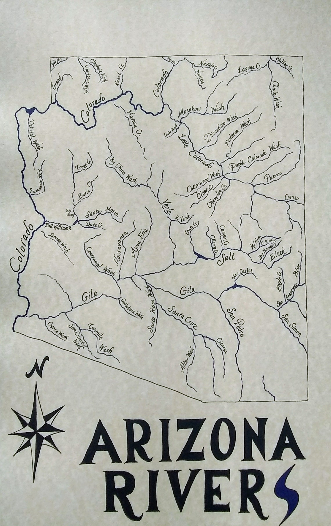 Arizona Rivers map Etsy