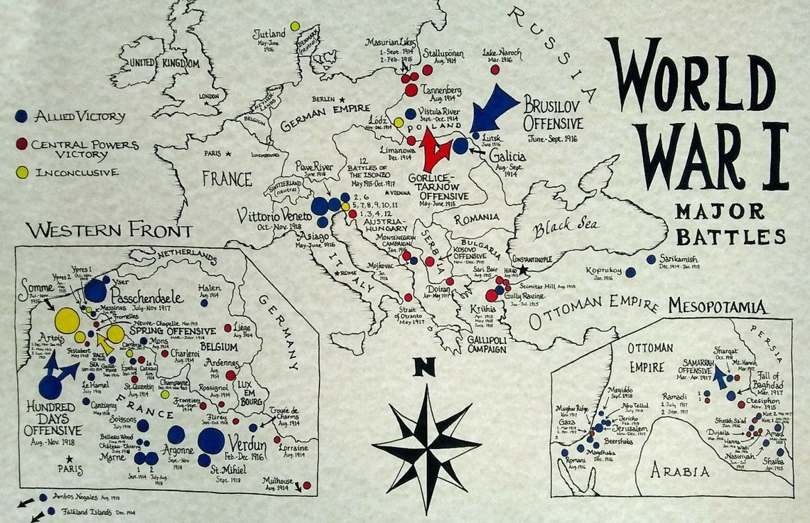 WWI Battles Hand Drawn Map Etsy