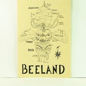 May include: A black and white illustration of a bee with a map of the fictional land of "Beeland" superimposed on its body. The map includes various locations such as "Scutum City", "Great Western Eye", "Clyps Clims", and "Galene Gulf".