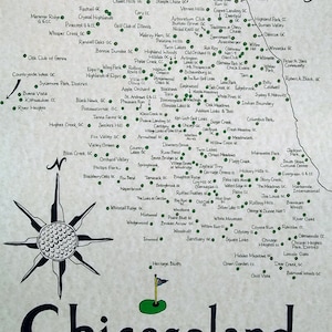 May include: A map of Chicagoland golf courses with a green golf flag and a golf ball in the center. The map is surrounded by a black circle with the text "Chicagoland Golf Courses" in white.