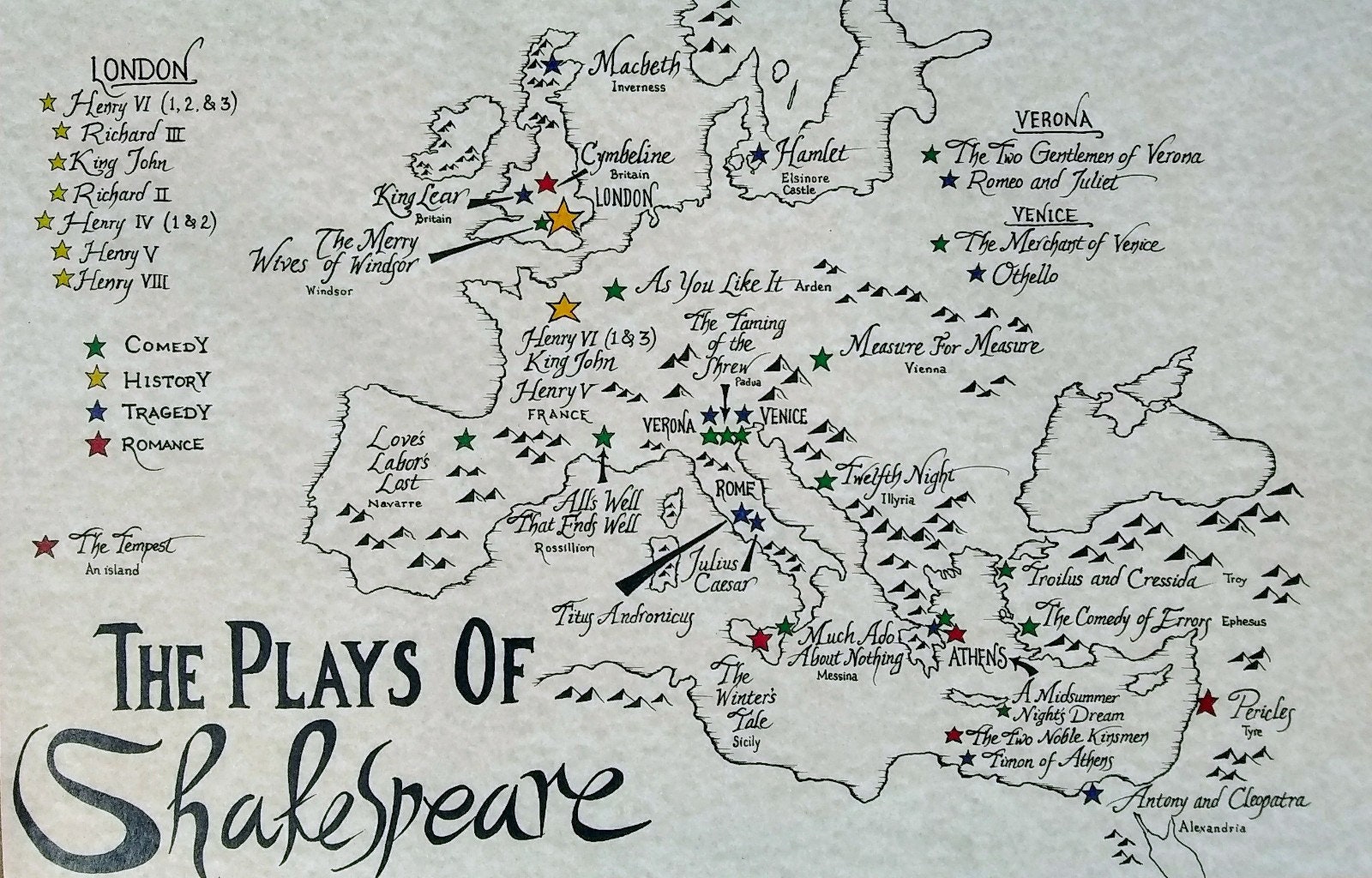 Shakespeare plays hand drawn map Etsy