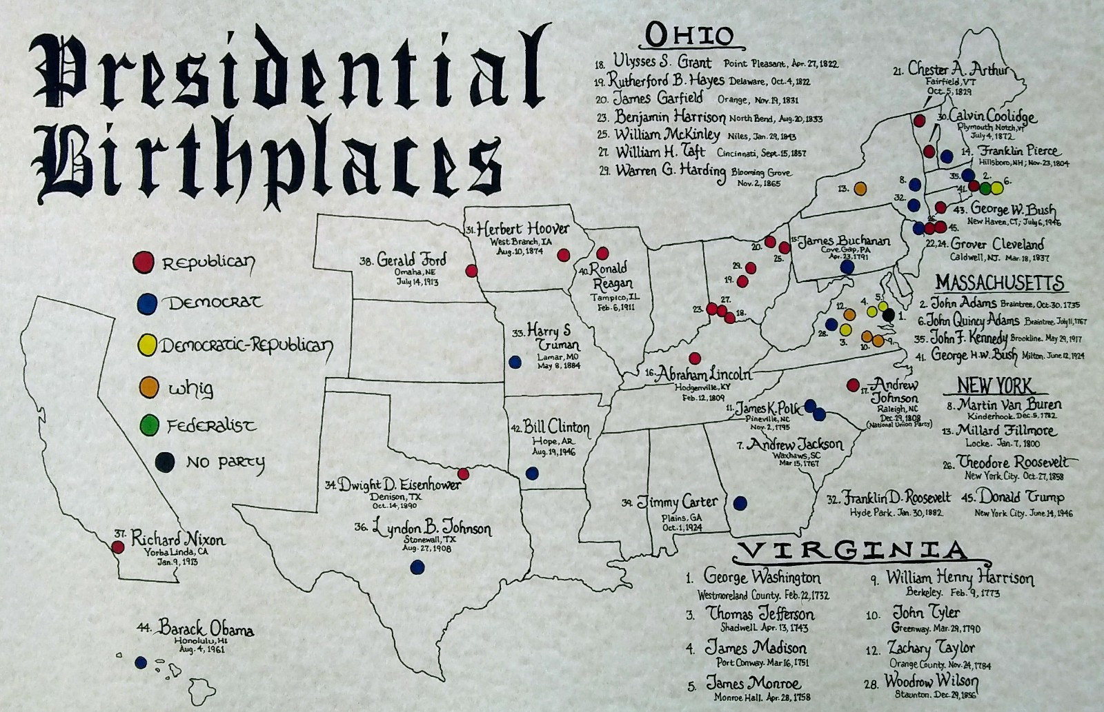 Presidential Birthplaces map hand drawn