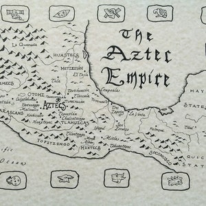 May include: A black and white hand-drawn map of the Aztec Empire, showing the different tribes and regions of the empire. The map is labeled with the names of the tribes and regions in English. The map is surrounded by a border of small squares, each containing a different Aztec symbol.