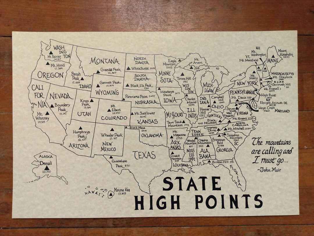 USA State High Points Map - Etsy