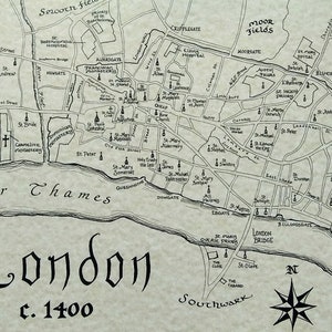 May include: A black and white map of London, England, circa 1400. The map shows the city's layout, including the River Thames, major streets, and landmarks like the Tower of London and the Temple Church. The map is labeled "London c. 1400" and includes a compass rose.