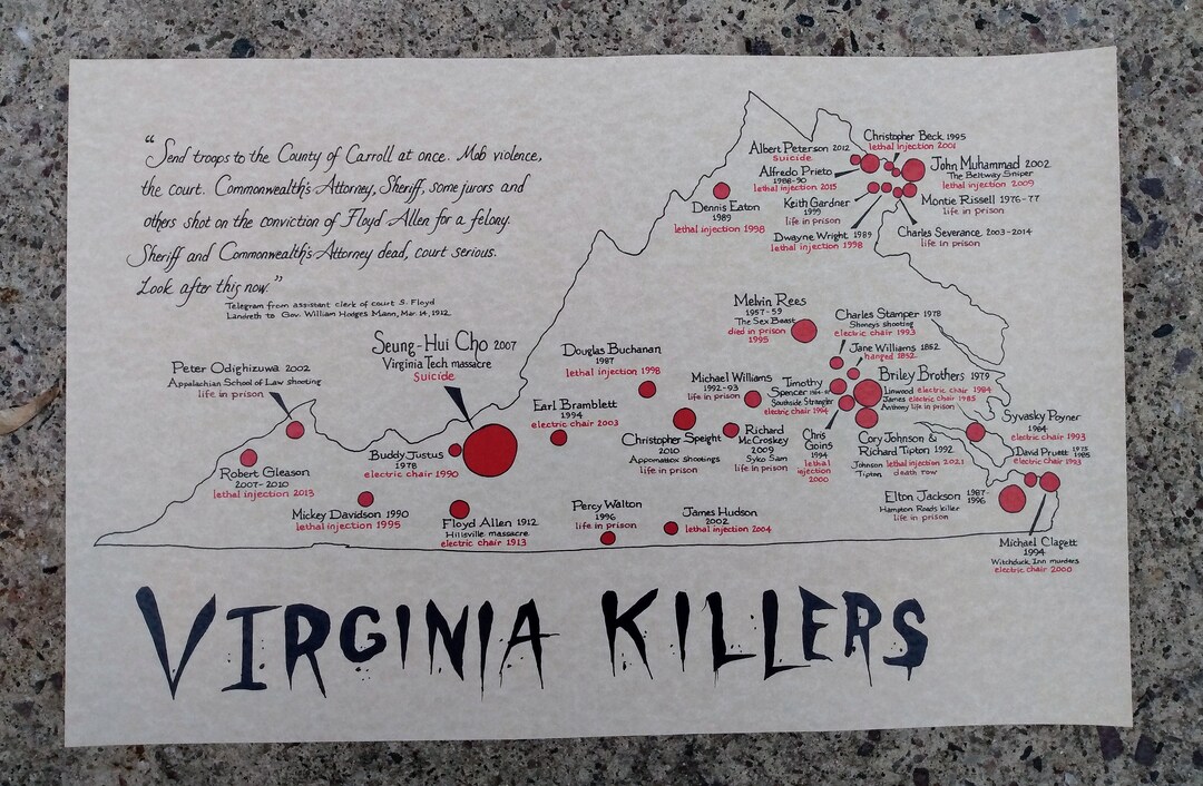 Virginia Serial Killers Map Etsy