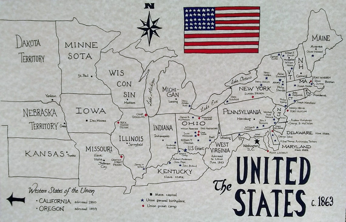 USA map 1863 Union States  Etsy