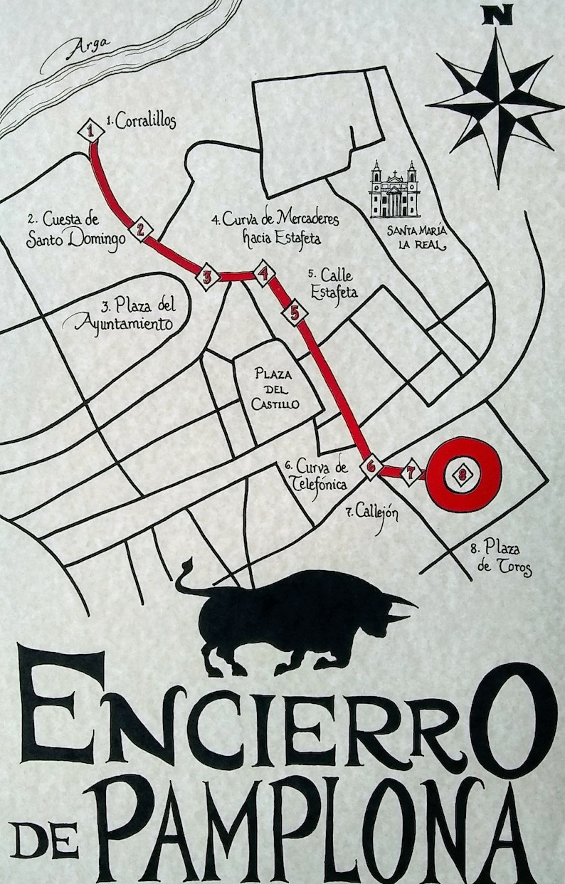 Encierro de Pamplona map Running of the Bulls Etsy