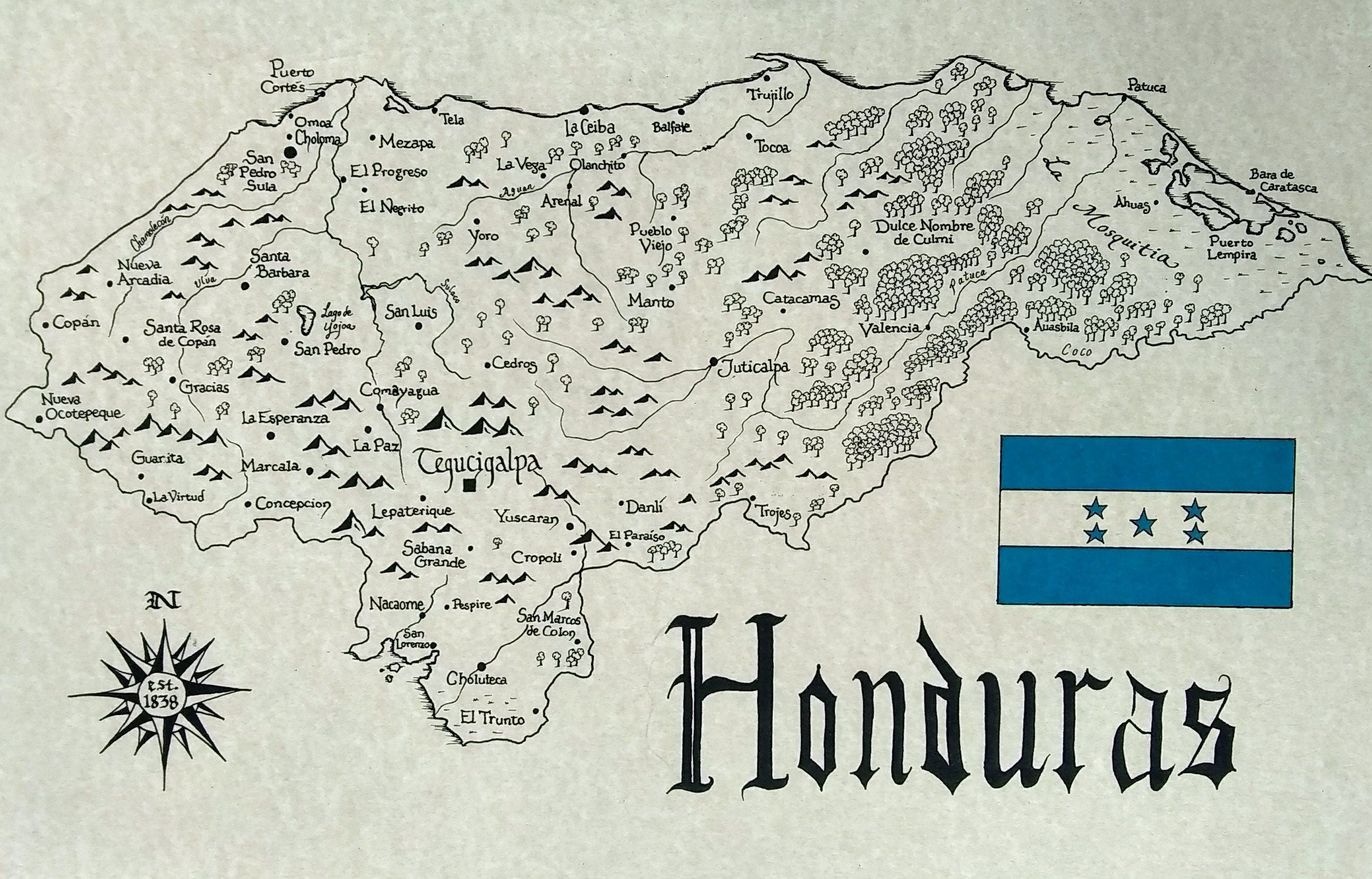 Honduras Map Etsy