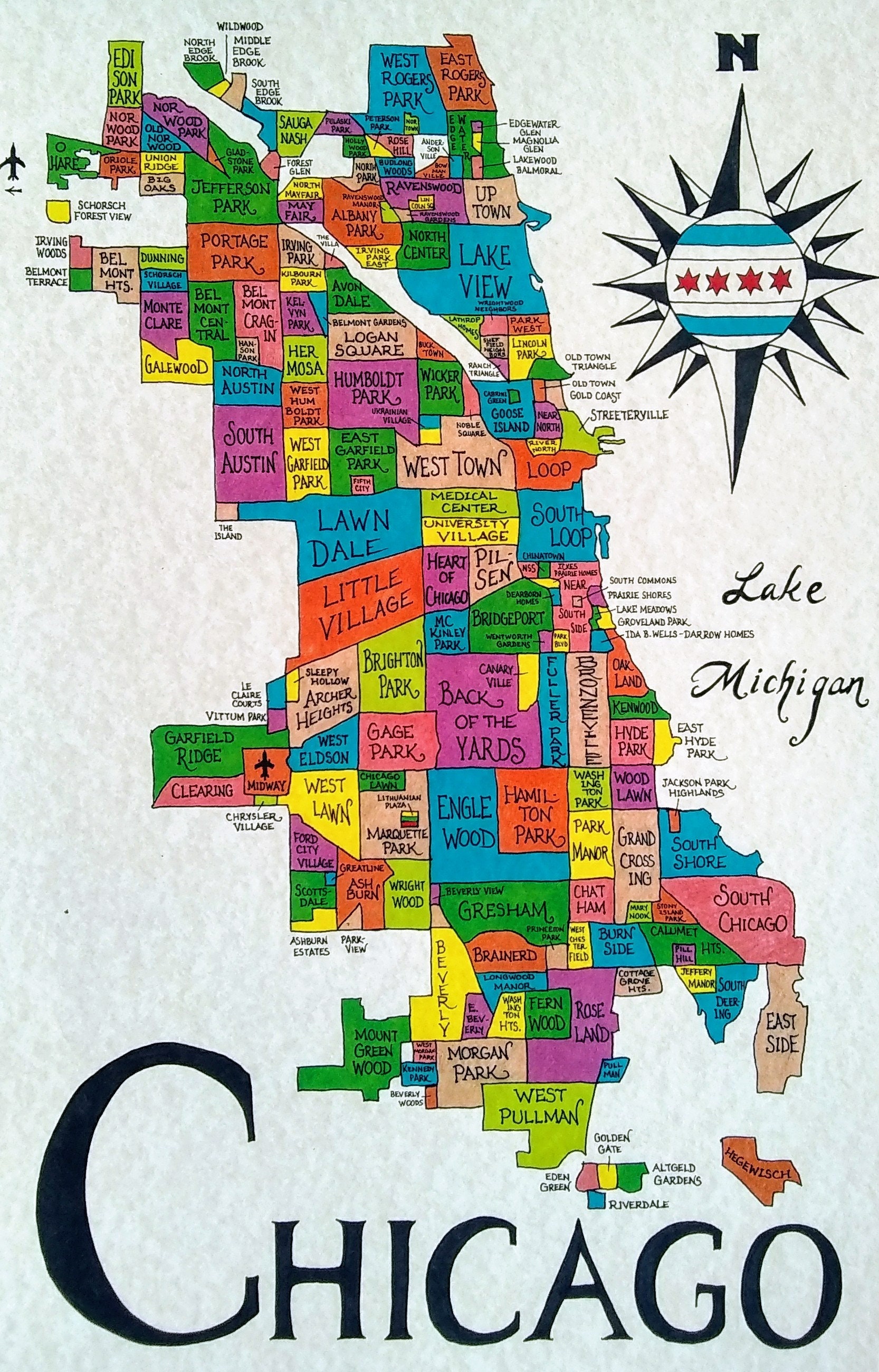 map of chicago neighborhoods poster