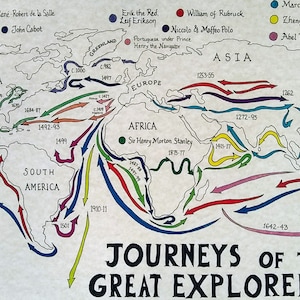 May include: A world map with colorful lines showing the journeys of explorers from the 15th to the 19th centuries. The map includes the names of explorers such as Christopher Columbus, Ferdinand Magellan, Marco Polo, and Zheng He. The map is titled "Journeys of the Great Explorers".