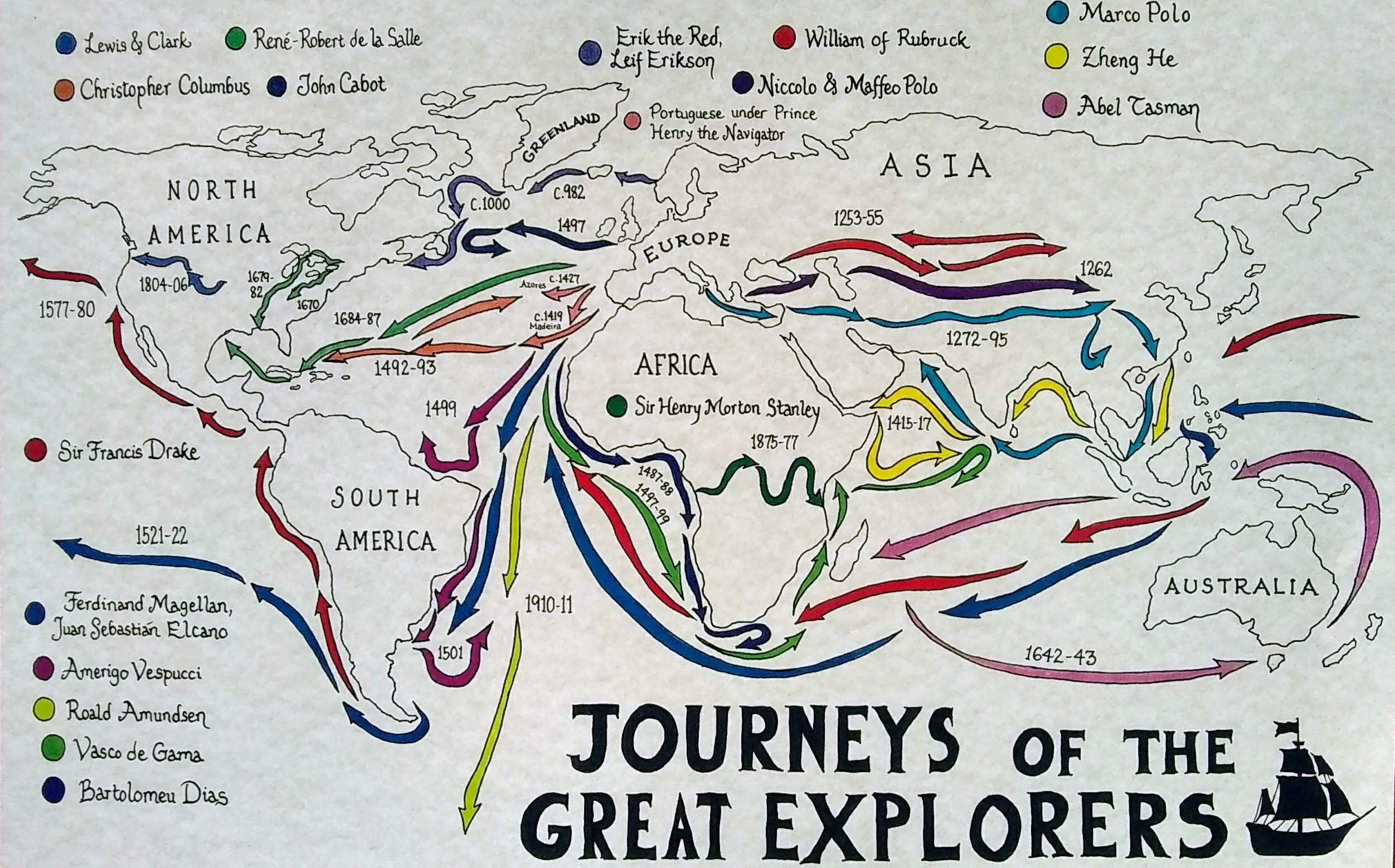 Great Explorers Hand Drawn Map Etsy