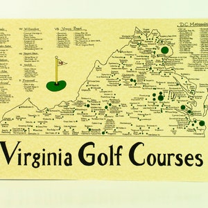 May include: A vintage map of Virginia with green circles marking golf courses throughout the state. The map is on a beige background with the text "Virginia Golf Courses" printed in black at the bottom.