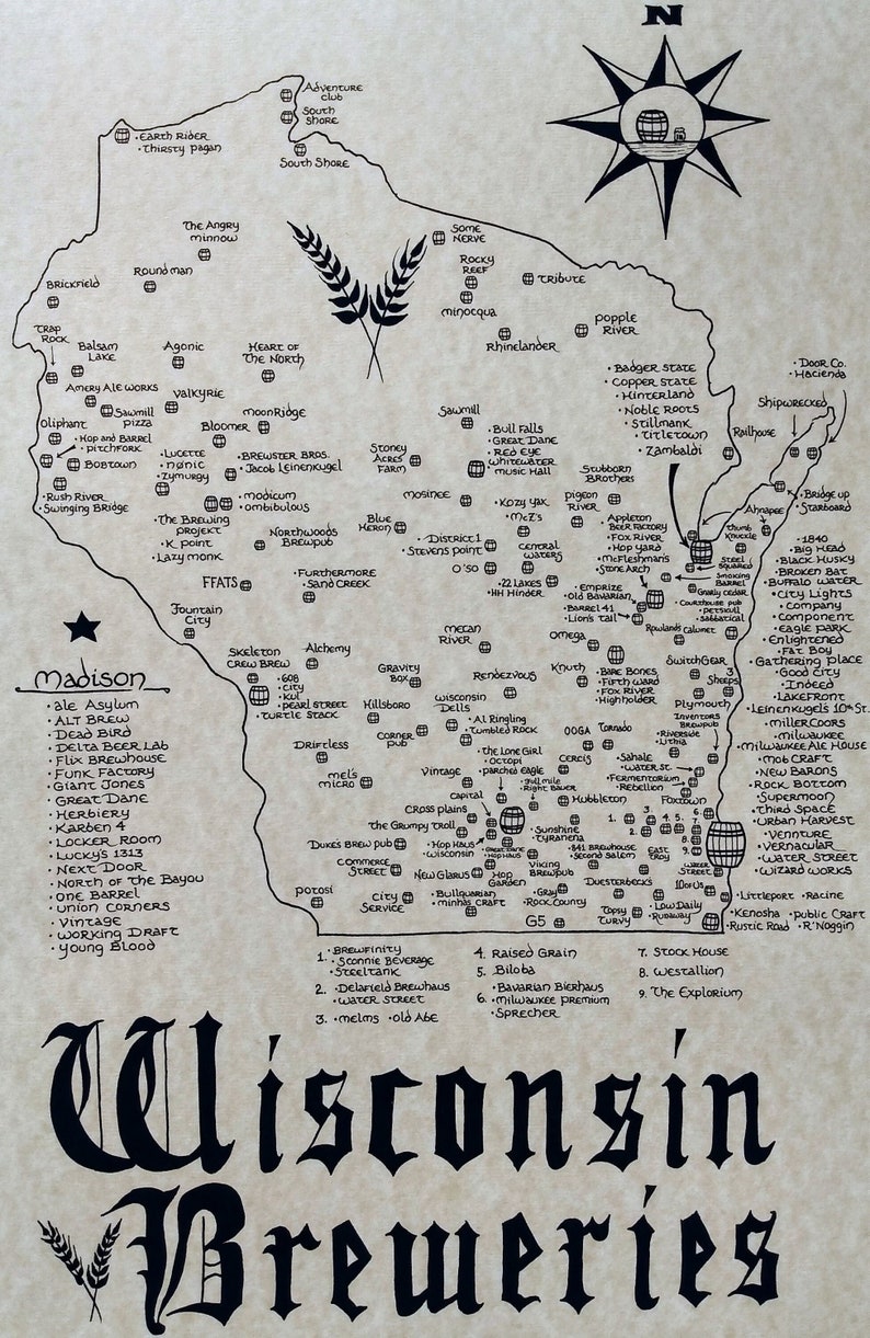 Wisconsin Breweries Map - Etsy
