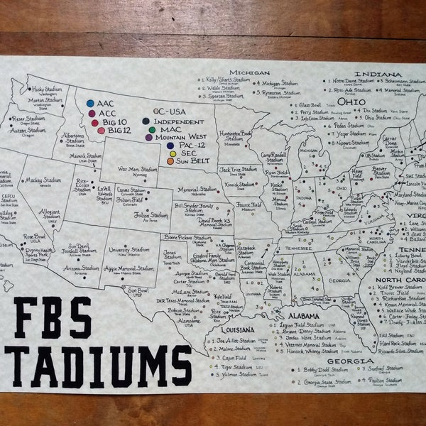College Football Stadiums map 11x17