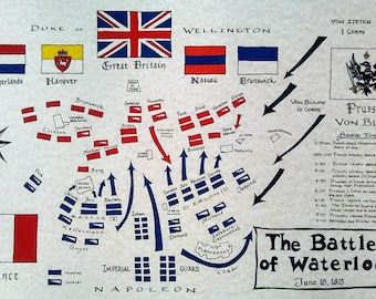 May include: A hand-drawn map depicting the Battle of Waterloo, fought on June 18, 1815. The map shows the positions of the British, Prussian, and French armies, as well as the movements of the troops during the battle. The map is labeled with the names of the key commanders, including Wellington, Blücher, and Napoleon.