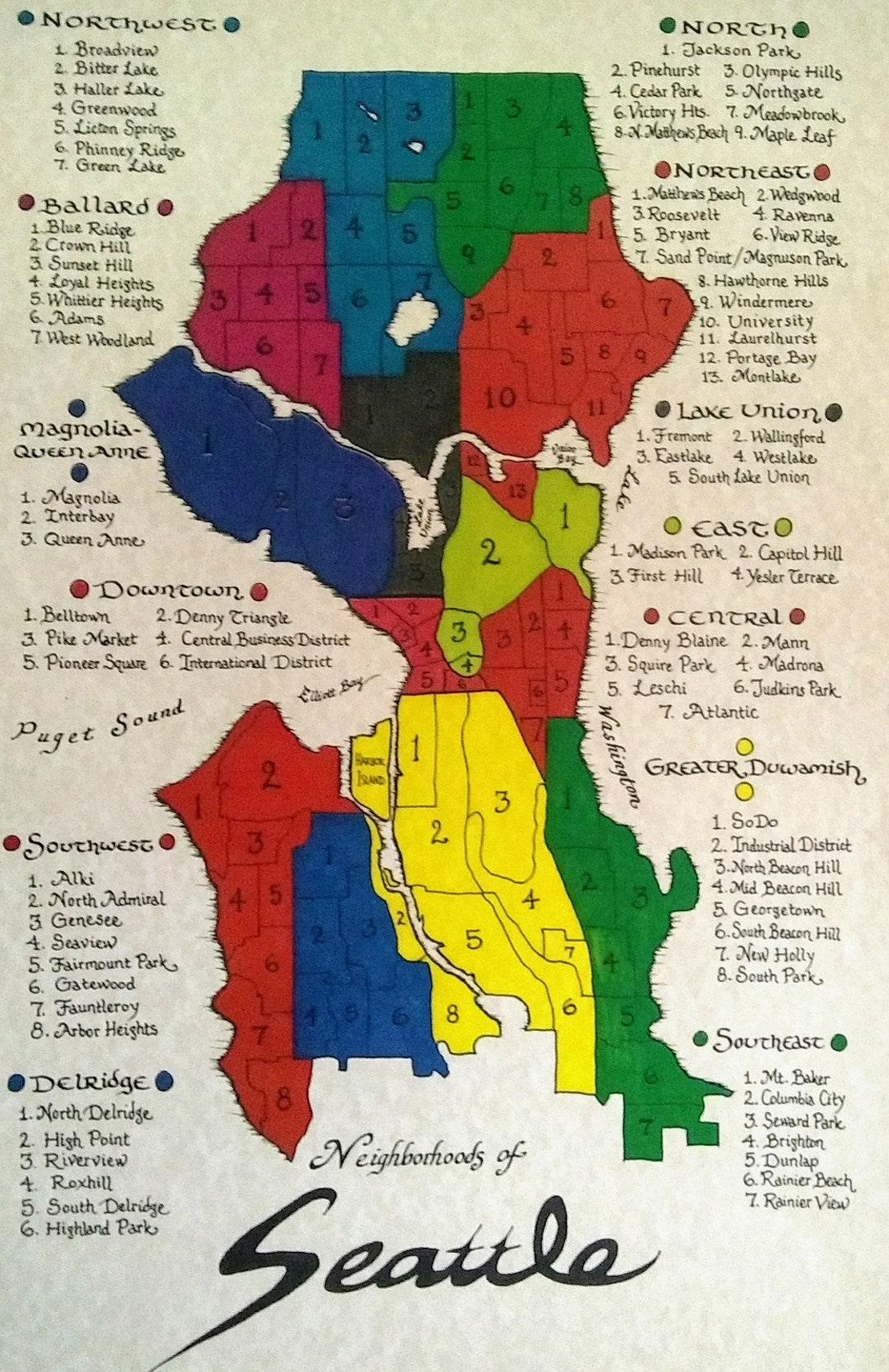 Seattle Neighborhoods Map Etsy