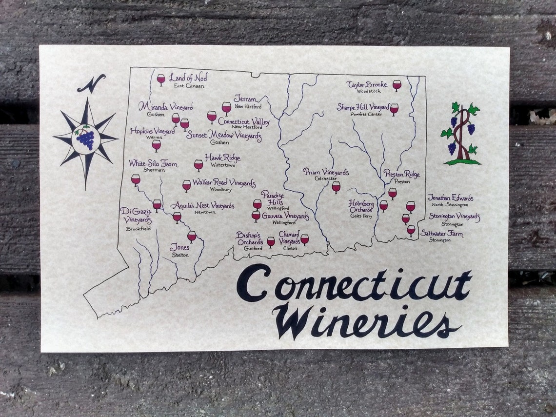 Connecticut Wineries Map from Etsy
