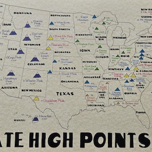 May include: A map of the United States showing the highest point in each state. The map is color-coded by elevation, with the highest points marked with a mountain icon. The map includes the names of each state and the elevation of the highest point. The map is titled "State High Points".