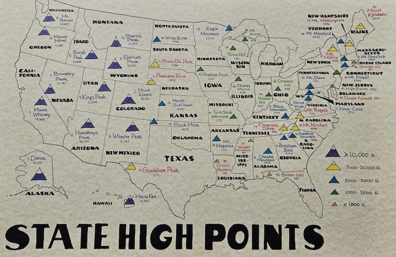 USA State High Points Map - Etsy