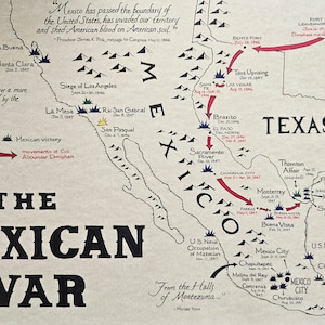 May include: A vintage map depicting the key battles and locations of the Mexican-American War, 1846-1848. The map is illustrated with red arrows showing the movements of troops, and black, yellow, and green symbols marking the locations of battles and victories. The map includes text describing the battles and the key players involved in the war.