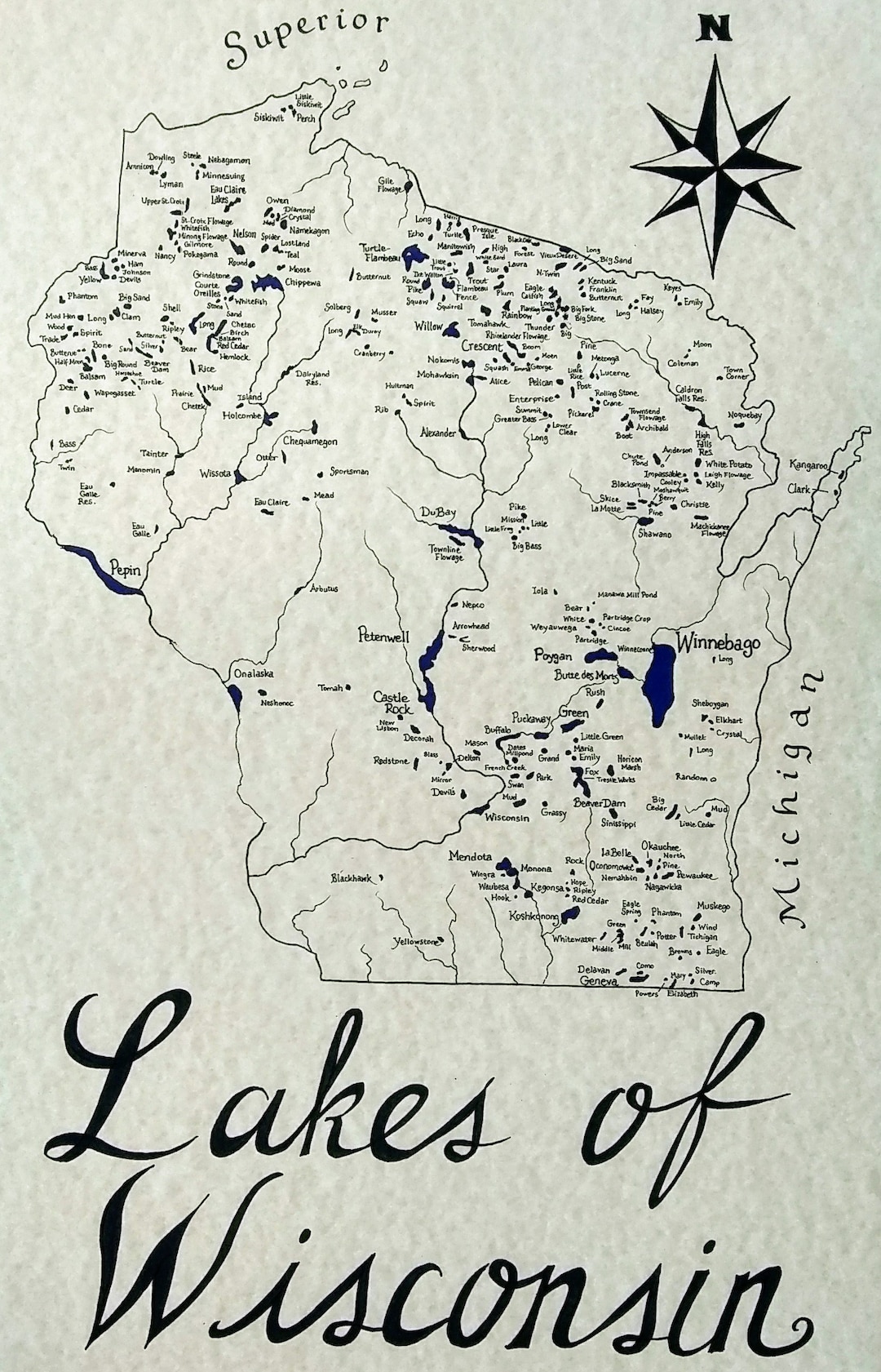 Wisconsin Lakes Map Etsy