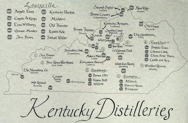 Kentucky Distilleries map Etsy