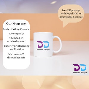 Puede incluir: Taza de cer&aacute;mica blanca con un logotipo "DD" azul y morado que dice "Diamond Designs". La taza mide 9,3 cm de alto y 8 cm de di&aacute;metro. Tiene una capacidad de 10 onzas y es apta para microondas y lavavajillas.