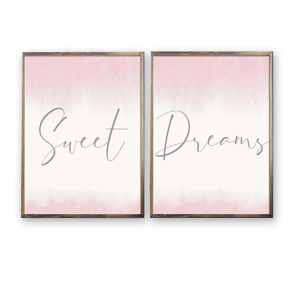 Sweet Dreams Sign,Blush Pink wall art,Nursery/Girls/Teen/Tween Printable Artwork Set of 2,Above Crib/Bed poster,Girls Preppy Bedroom Decor