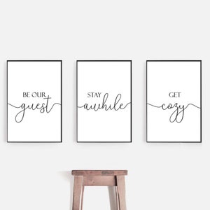 Be our Guest Stay Awhile Get Cozy Guest Room Signs printable set of 3,Air Bnb signs,Above Bed art,Over Console Table,Hallway/Entryway Decor