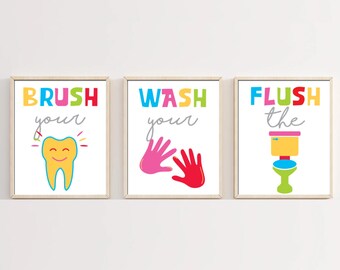 Kids Bathroom Signs Printable set of 3,Wash Flush Brush Multi-Colour/Rainbow Bath Wall art,Above Towel Rod/Toilet sign,Boys Bathroom Rules