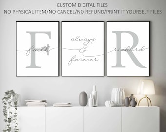 Couple Custom Initial Name Always & Forever set of 3,Romantic Bedroom Wall Art,Above Bed Signs,Wedding Gift,Custom Digital file only