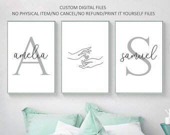 Custom Personalised Initial Name Hands Heart Couple Bedroom Digital Files set of 3,Above Bed Signs,Valentine's/Wedding/Anniversary gift