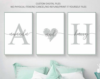 Couple Personalised Name Initial Printable Set of 3,Couple Bedroom Art,Over Bed Print,Custom Name Print,Anniversary Gift,Digital Files only